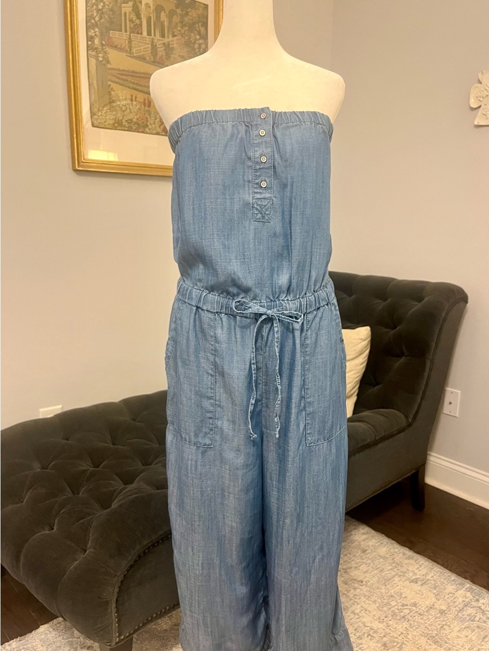 LOFT Light Blue Strapless Chambray Jumpsuit